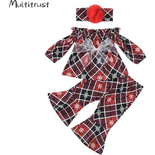 3pcs Toddler Girl Christmas Outfits Off Shoulder Long Sleeve Plaid Lace Top + Flared Pants + Headband Set