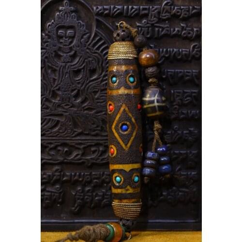 5" Tibet Buddhism Old Natural agate Hand made Filigree mosaic Gem Dzi Bead Town House Exorcism Ward off evil spirits