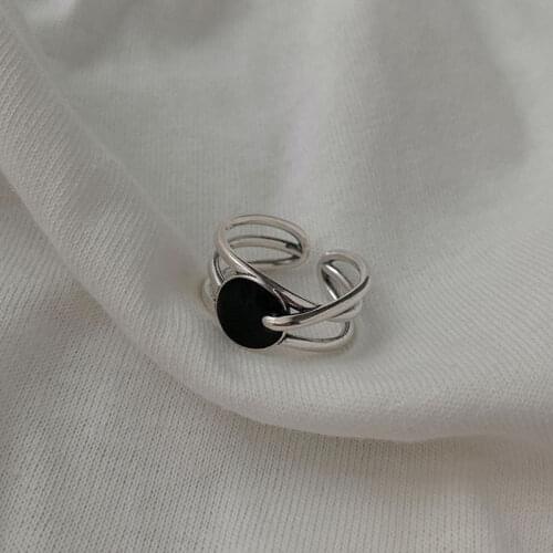 925 Sterling Silver Mutil-layer Thai Silver Color Ring For Women Round Black Drop Glaze Irregular Finger Ring WholesaleS-R629