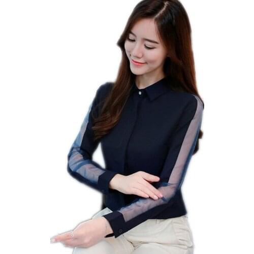 2019 New Spring Women Blouses Female Short Chiffon Shirts Women Office Lady Turn-Down Collar Long Sleeve Blouse Mujer Top Q1173