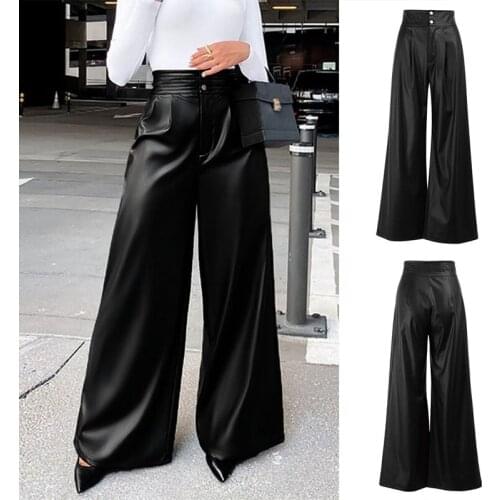 Faux Leather Pants High Waist Pocket Wide Leg Pants Women Black Loose Autumn Trousers Casual Fashion Streetwear