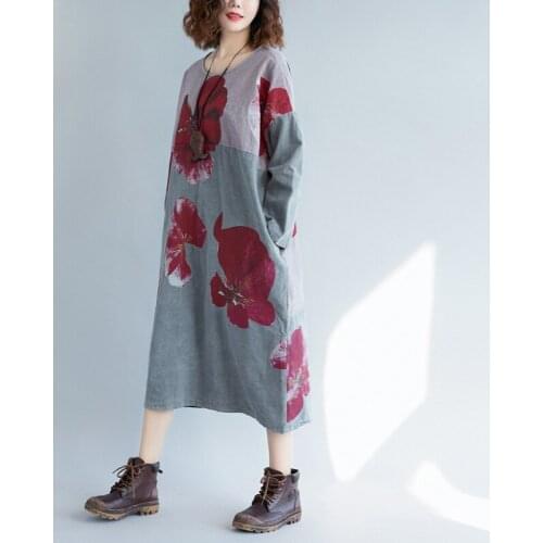 Cotton and linen elegant women dresses personality patchwork sweet print dresses loose long plus size robe casual hot streetwear