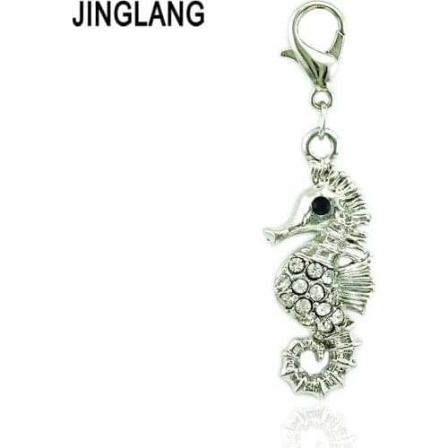 JINGLANG Fashion Charm With Lobster Clasp Dangle White Rhinestone Sea Horse DIY Animal Pendant Jewelry Accessories 12pcs