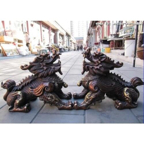 Chinese Feng Shui Bronze Copper Brave troops Foo Dog Lion beast Kirin kylin Pair