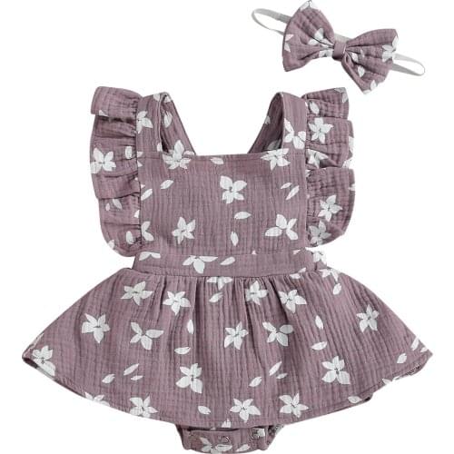 New Baby Girl’s Casual Fly Sleeve Jumpsuits Fresh Flower Printing Skirt Stitching Romper and Headband Set