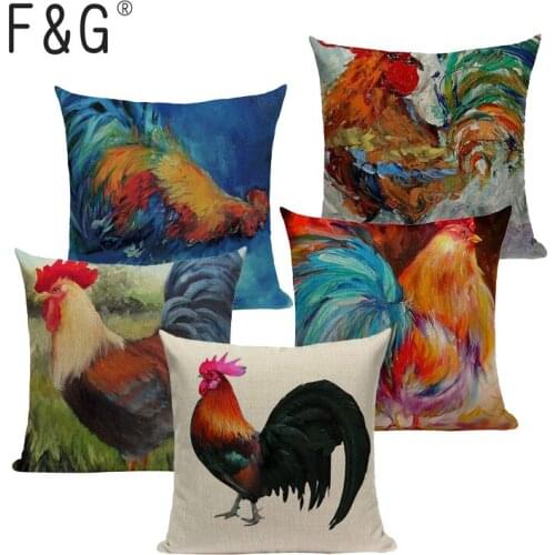 Colorful Oil Painting Cock Rooster Cushion Cover Fashion Decorative Car Sofa Linen Cotton Decorative Pillows 45CMx45CM