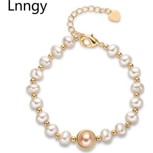 Lnngy 14K Gold Filled Charm Bracelet 5.5-8mm Natural Freshwater Pearl Charm Bracelet Women Wedding Party Oval Pearl Jewelry Gift