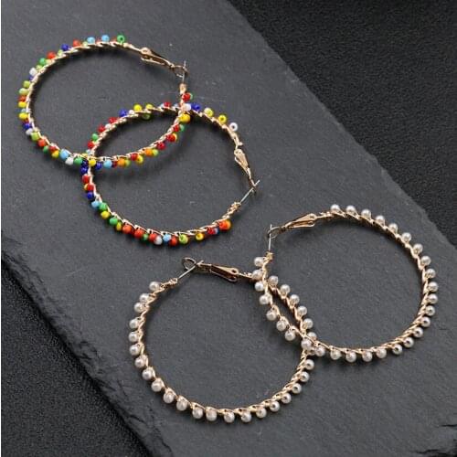Fahion zinc alloy Womens Hoop Circle Earring Jewelery with seed beads one pair Big Size C Shape Earrings 5.5cm y1543