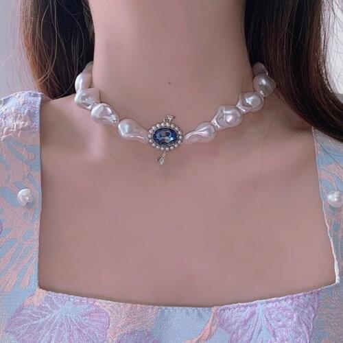 MWSONYA New Fashion Vintage Blue Crystal Pearl Necklace for Women Temperament Holiday Party Jewelry Gift Choker Necklaces