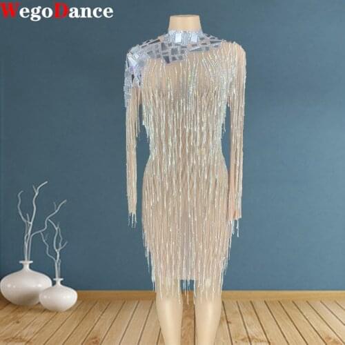 New Women Clothing Silver Rhinestones Fringe Transparent Mirror Long Sleeves Tassel Singer Dancer See Through Birthday Dresses