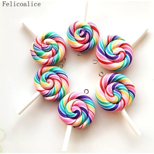 50pcs Multicolor Rainbow Soft Pottery Lollipops Charms For DIY Personality Bottle Pendants Clay Decoration Earrings Necklace