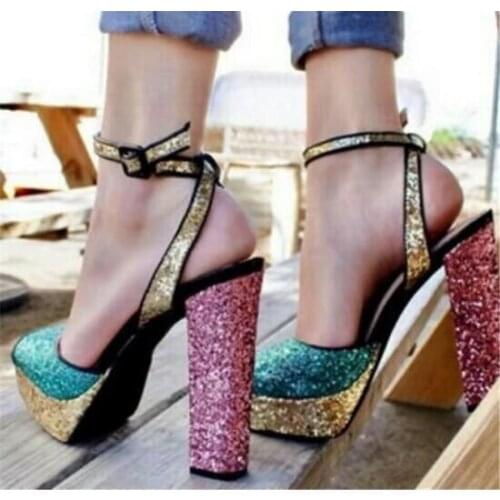 Luxury Colorful Glitter Women Square Heels Sandals Bling Bling Sequin Ankle Strap Open Toe Gladiator Sandals High Heel Banquet