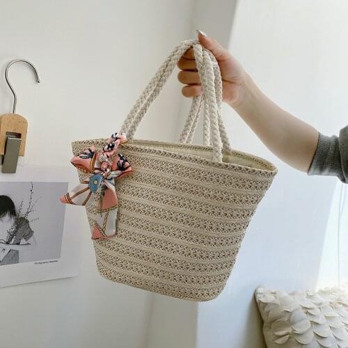 Summer Straw Shoulder Bags For Women 2021 Rattan Woven Bucket Bags Female Ribbon Silk Scarf Bohemia Beach Handbag And Purses