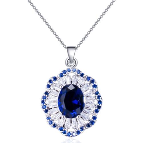 ThreeGraces Classic Austrian Noble Blue CZ Crystal White Gold Color Link Flower Necklace Pendant for Women Fashion Jewelry PN051