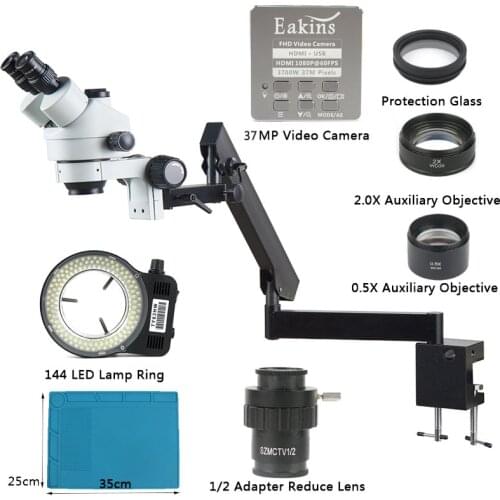 Simul Focal Zoom 3.5X - 90X Articulating Arm Clamp Trinocular Stereo Microscope + 37MP HDMI USB Video Camera For PCB Repair