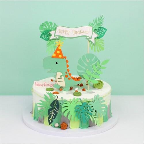 Cake Decoration Tool Cute Dinosaur Green Leaf Cake Topper Card Happy Birthday Green Leaf Garland Birthday Party Decorations Boys