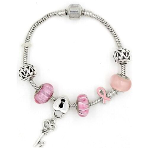 1PC New Arrival Breast Cancer Awareness Pink Ribbon Jewelry, European Murano Glass Bead Heart Lock Key Pink Ribbon Bracelet