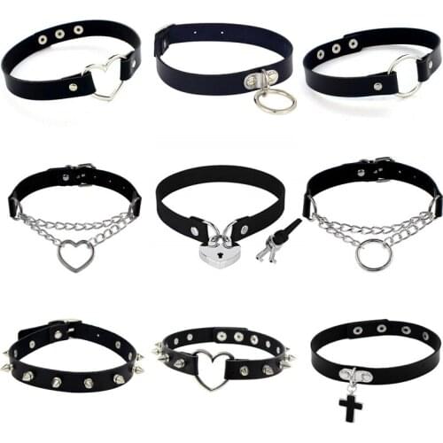 Gothic Punk Rock Lock Heart Necklace Leather Choker Neck Round Spike Rivet Collar Studded Choker Necklace Body Jewelry Gift
