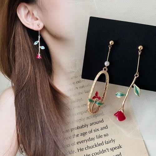 Vintage Asymmetrical Red Rose Pearl Earrings Flower Long Drop Earring Jewelry Ear Ring Ear Stud Fashion Lady Earrings