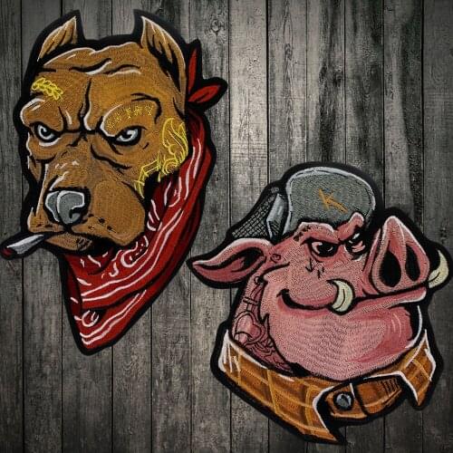 Embroidery pig and dog Biker Punk Patches Iron or Sew on for Jackets Vest Cool Large Badges Motorcycle Backpack DIY Accessories