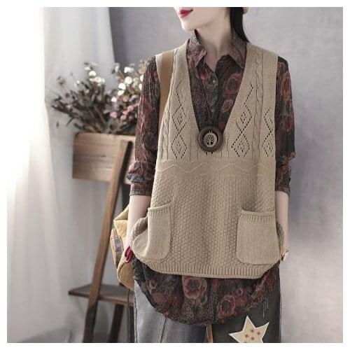 Woman Jacket Vest Artistic Spring Autumn Wool Vest Womens Loose V-neck Double Pocket Sweater I-Shaped Vest Women Chaleco Mujer