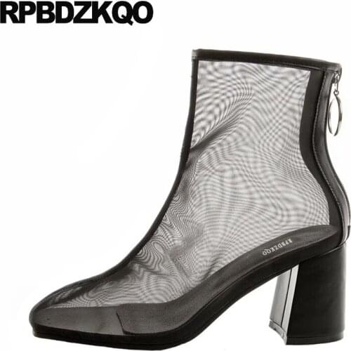 Sexy Short Summer High Heel White Shoes Chunky Custom Handmade Cut Out Women Ankle Boots 2021 Round Toe Mesh Fall Sandals Black