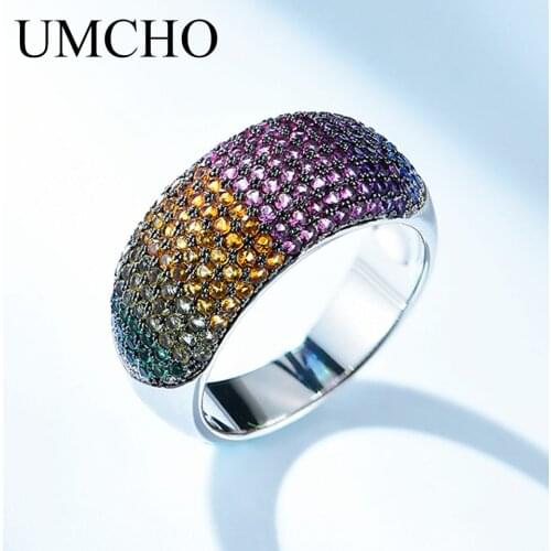 UMCHO 925 Sterling Silver Rainbow Rings for Women Anniversary Wedding Bands Gift Colorful Gemstone Fine Jewelry