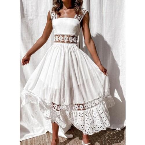 Ordifree 2021 Summer Women Maxi Dress Spaghetti Strap Sexy Backless Embroidery Hollow Out White Lace Long Tunic Beach Dress