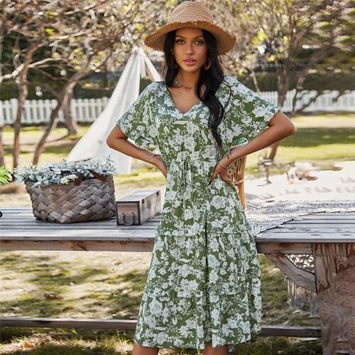 2021 Spring New Print Dress Women Casual Short Sleeve High Waist Lace Up Floral Dress for Women Sexy V Neck Summer Dress