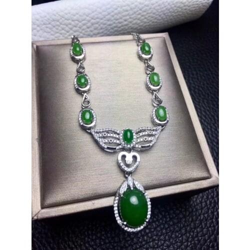 Natural green jasper gem Graceful butterfly flowers Pendant necklace S925 silver Natural gemstone necklace women party jewelery