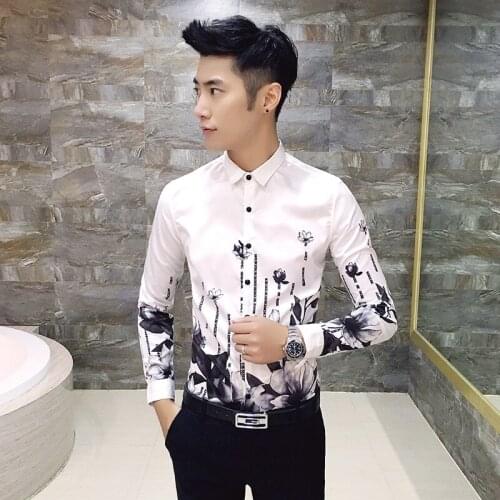 16 autumn new flower patterns, digital printing, mens long sleeved shirt, 1536-P55- white