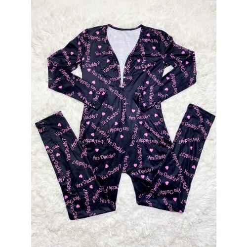 2021 Sexy Women Long Sleeves Printing Onesie Adult Jogging Sleepwear Yes Daddy Pattern Sexy Adult Home Nightwear