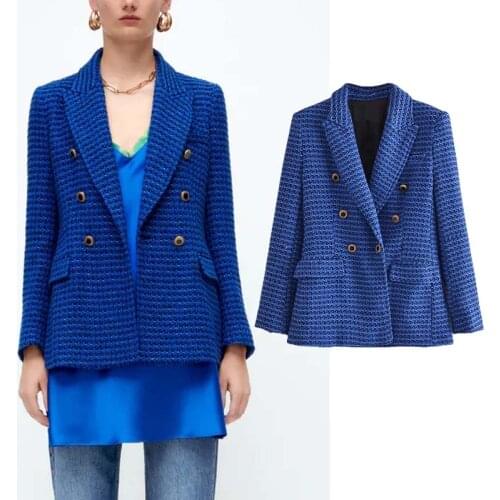 KlkxMyt Za Blazer Women 2021 Casual Traf Autumn Winter Thick Tweed Woolen Blazers Coat Female Check Double Breasted Suit Jacket