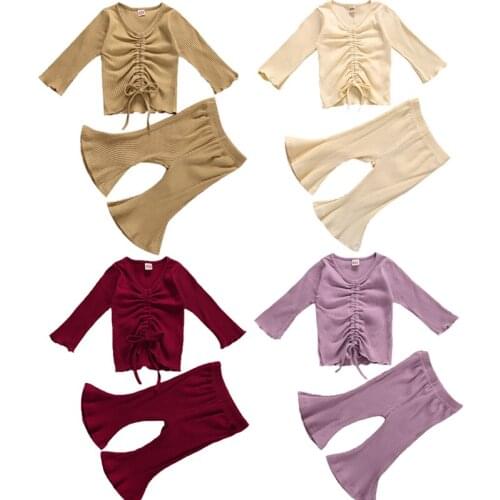 FOCUSNORM 0-3Y Baby Girls Clothes Pajama Sets Solid Knit Long Sleeve Pullover Tops Flare Pants 2pcs