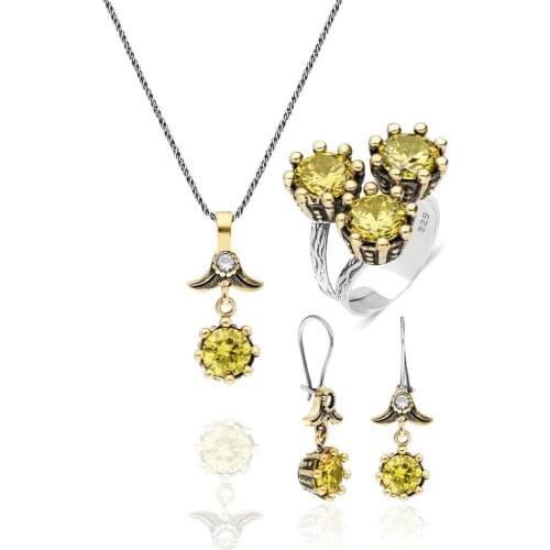 Yellow Color Citrine Cubic Zirconia Authentic Silver Triple Set Jewelry