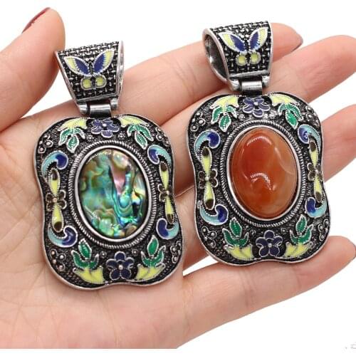 Natural Stone Lapis Lazuli Crystal Pendant Ethnic Bohemian Abalone Shell Charms for Women Jewelry Making DIY Necklace 38x70mm