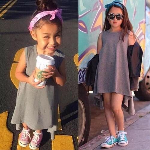 Summer Girls Dresses Black Gray Irregular Hem Rotary Party Dress Sleeveless Cotton Solid Dress Kids Clothes Vestidos 2-6 Years