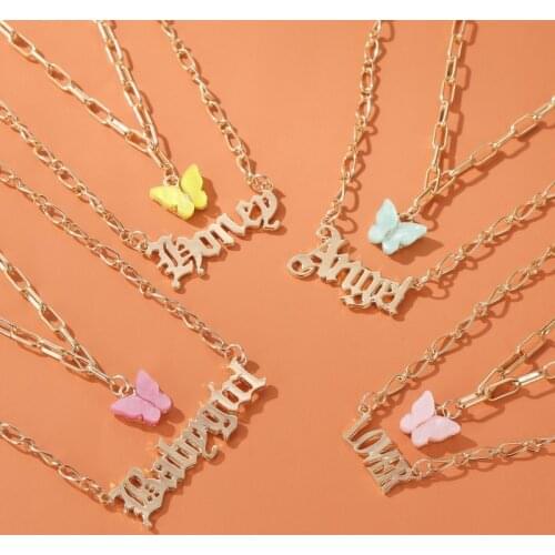 Fashion Acrylic Butterfly Old English Font Pendants Necklace Double Layer Babygirl Honey Angel Lover Choker Statement Jewelry