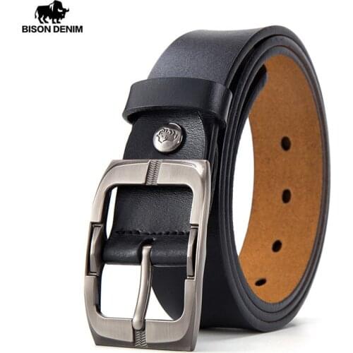 BISON DENIM Pin Buckle Men Belt Cow Genuine Leather Belt Luxury Strap Male Belts Classic Vintage High Quality Men Belt W71486