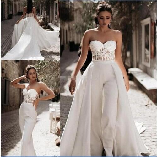 Floor Length Sweetheart neckline Soft Satin Jumpsuit lace application wedding dress beach style