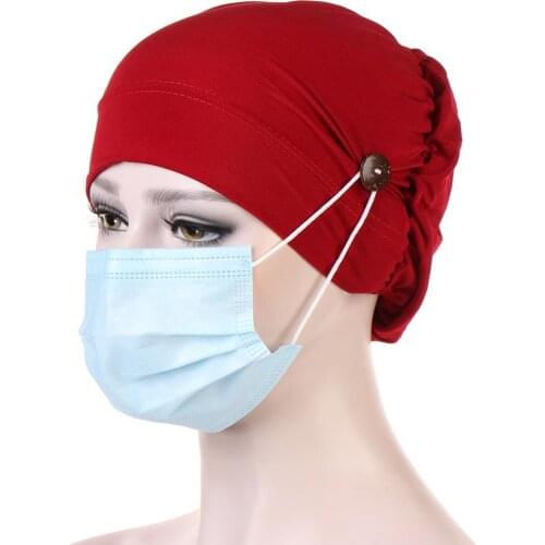 New Design Fashion Muslim Solid Color Cotton Turban with Button Multicolor Chemo Cap Women Ear protection Hair Accessories