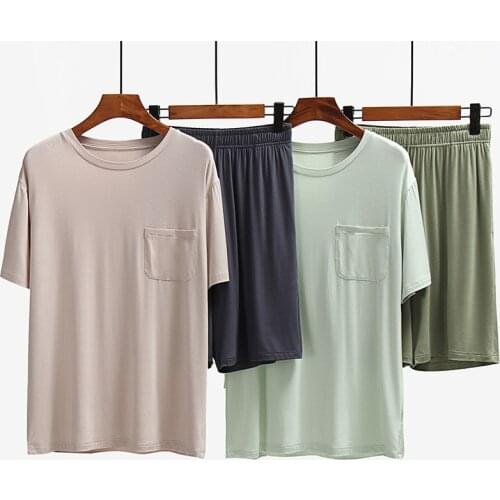 Mens Pajamas 2Pcs Set High Quality Modal Short Sleeve T Shirt With Shorts Casual Pocket Homewear Thin Ice Silk Sleepwear Sets