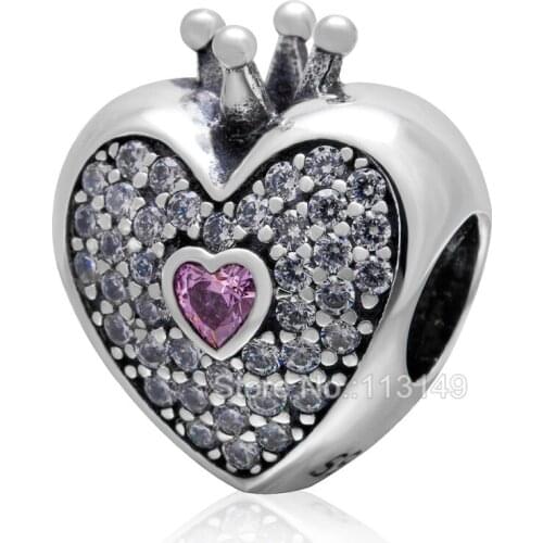 Pink Clear CZ Zircon Micro Pave Crown Big Hole 925 Sterling Silver European Charm Beads Birthday Gift For Lady SZPB219