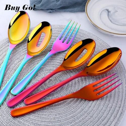 3Pcs/set 18/8 Stainless Steel Gold Flatware Big Size Long Handle Serving Salad Spoon/Fork/Colander Salad Set Kitchen Utensils