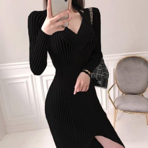 Knitted Sweater Dress Womens Autumn Winter 2020 New Fashion Retro V-Neck Slim Lady Soft Warm Bodycon Slit Dresses Vestidos