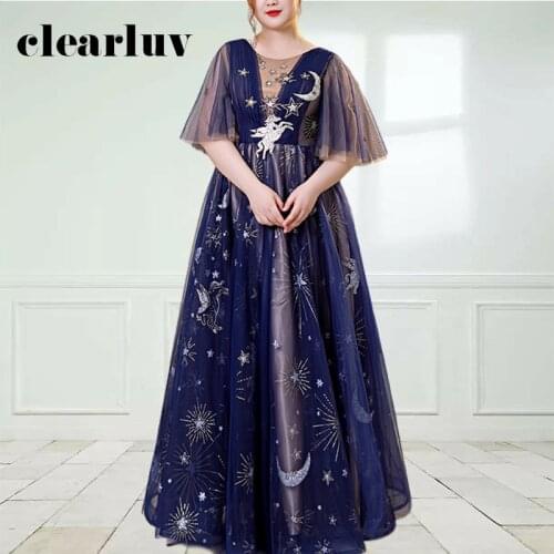 Embroidery Formal Evening Dress DR1098 Lace Up O-Neck Party Gowns For Women Navy Blue A-Line Plus Size Vestido De Fiesta 2020