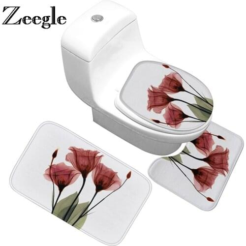 Zeegle 3pcs Bath Mat Set Flower Printed Bathroom Carpet Toilet Mat Absorbent Bathroom Floor Mat Bath Rugs Non-slip Bath Carpet