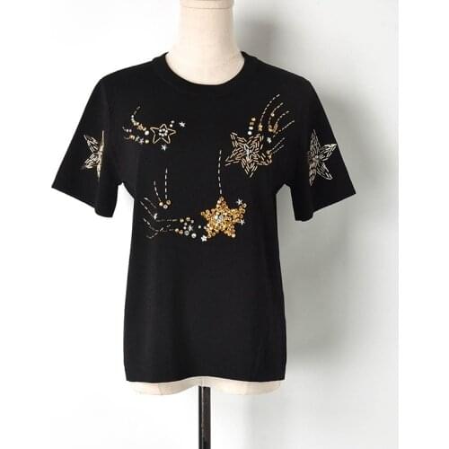 2020 Women Summer Knitting T-shirt Designer Runway Elegant Gold Beading stars Ladies viscose kint Tshirt Tops T Shirt JC386