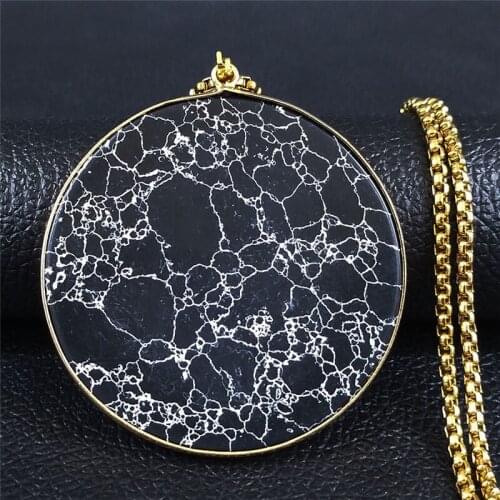 2021 Natural Black Stone Stainless Steel Necklace for Women Round Big Long Necklace Chain Jewelry collares largos NXS04