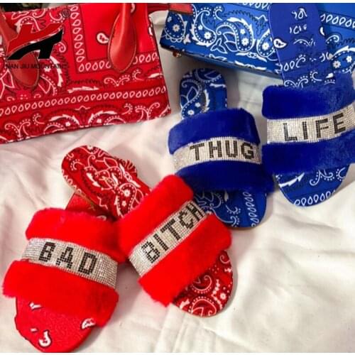 2021 Handmade Womens Shoes Outdoor Rhinestone Slippers Printed Open Toe Flat Plush Sandals Plus Size 43